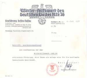 enlarge picture  - Urkunde WHW-Spende   1936